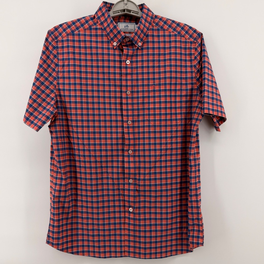 Southern Tide Intercoastal Shirt Mens Orange Navy Plaid Med  Shirt